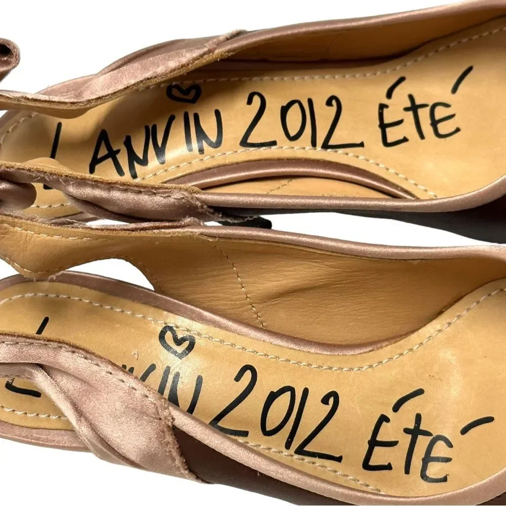 LANVIN Brown Leather & Pink Silk Slingback Bow Pumps Heels 37 6.5 7 Italy